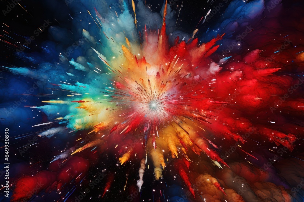 Poster A vibrant burst of colorful paint against a dramatic black background. This image can be used to add a dynamic and energetic touch to various design projects.