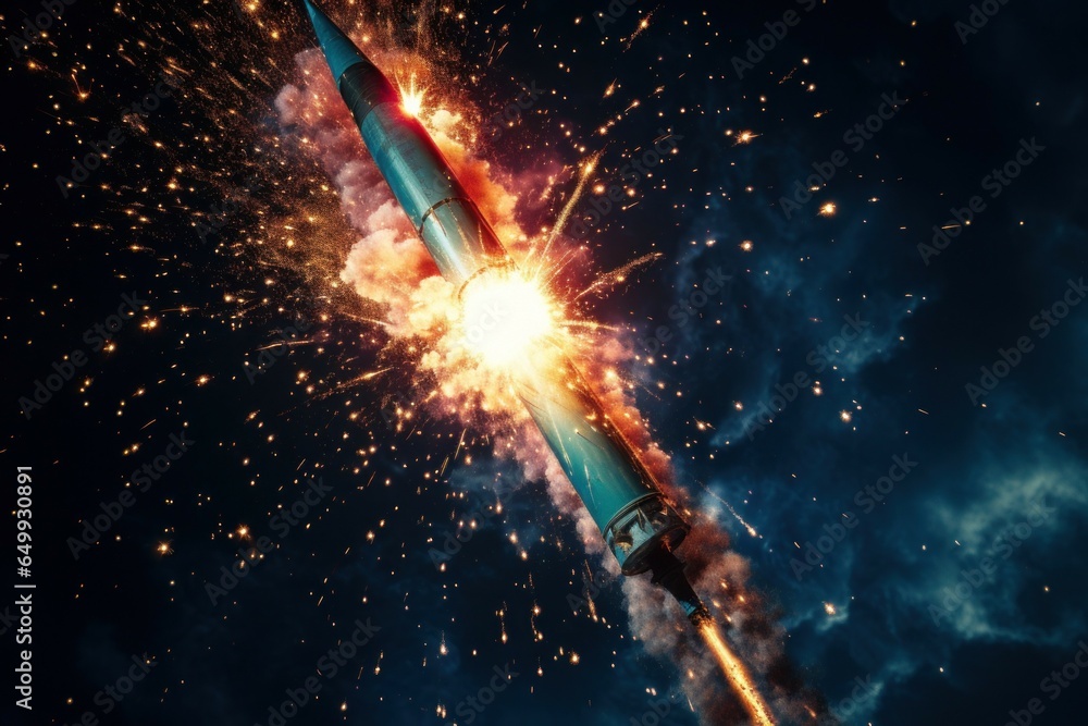 Poster A rocket soaring through the sky with sparks trailing behind. Perfect for illustrating space exploration and technological advancements.