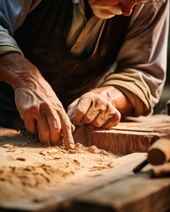 A man is seen working on a piece of wood. This image can be used to showcase woodworking, craftsmanship, or DIY projects. - obrazy, fototapety, plakaty