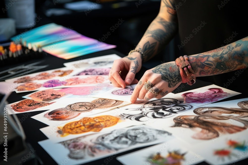 Poster a person with tattoos is seen working on a piece of art. this image can be used to showcase the crea
