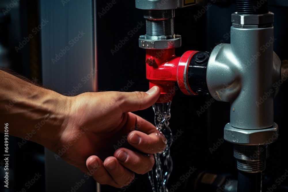 Poster a picture of a hand holding a red fire hydrant. this image can be used to illustrate concepts relate