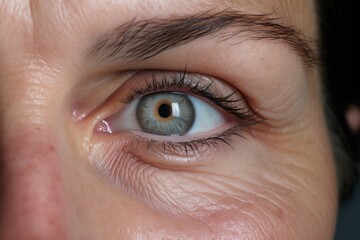 Obraz premium A detailed close-up shot of a woman's blue eye. This image can be used for various purposes, such as illustrating beauty, eye care, cosmetics, or even mystery and intrigue.