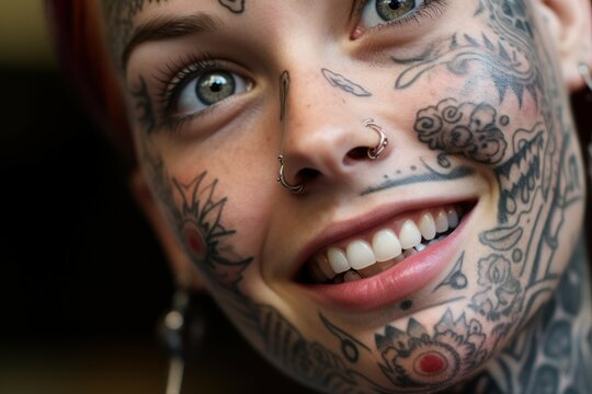 A woman with a tattoo on her face. This image can be used to depict unique and bold individuals expressing their personal style.