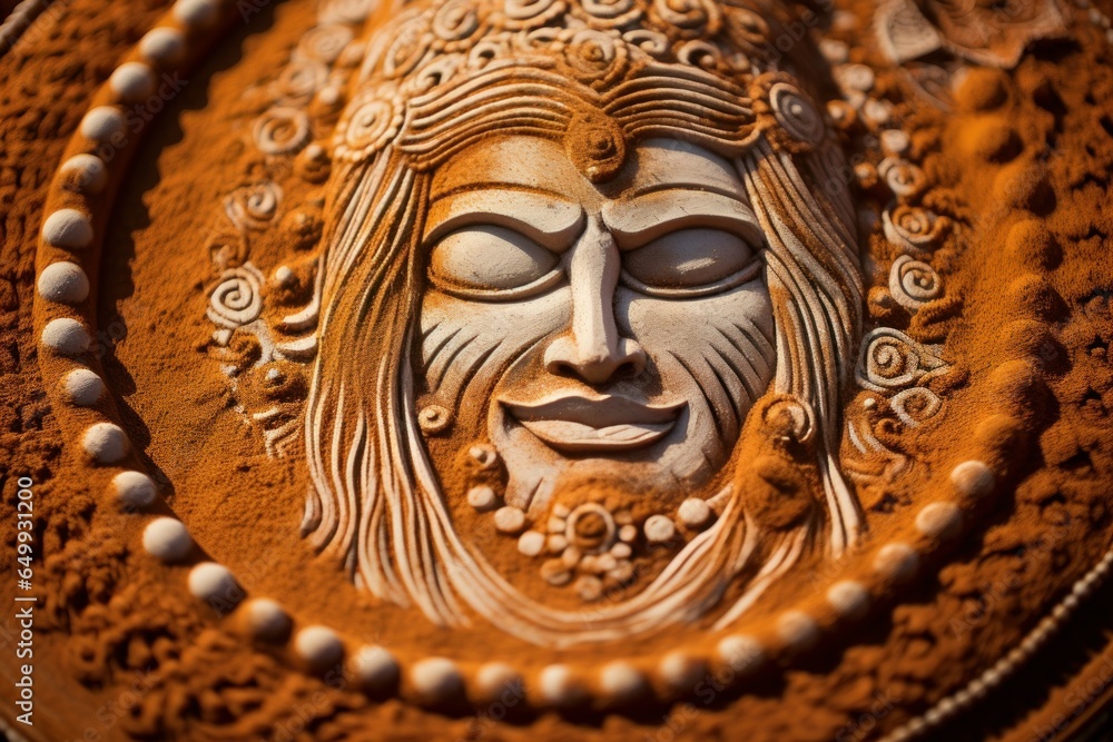Poster a close-up view of a face on a plate. this image can be used for various purposes, such as illustrat