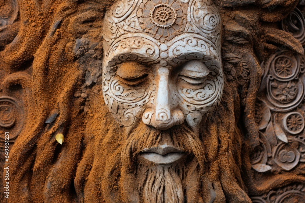 Poster A close up view of a statue depicting a man with a beard. This image can be used to represent wisdom, masculinity, or historical figures.