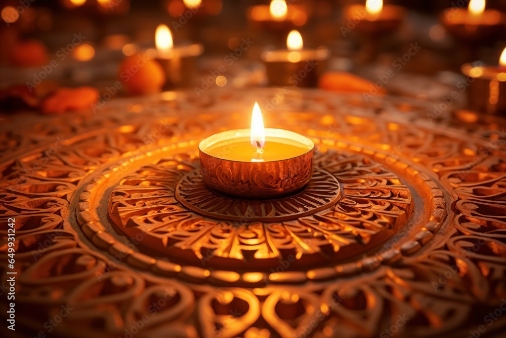 Poster a lit candle sitting on top of a wooden table. perfect for creating a warm and cozy atmosphere.
