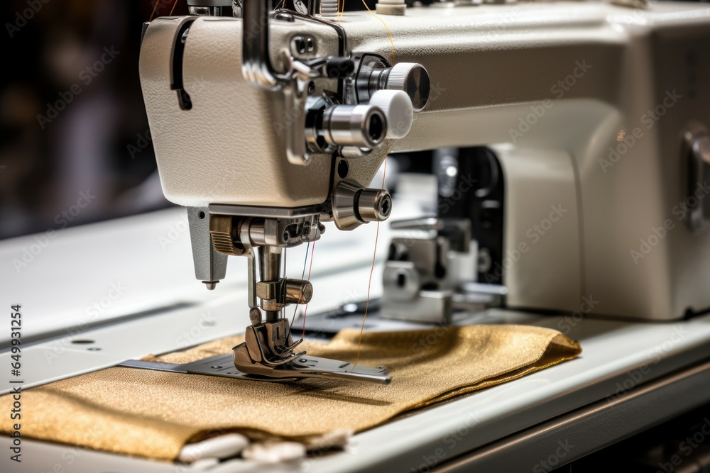 Poster a close up view of a sewing machine placed on a table. suitable for images related to sewing, crafts