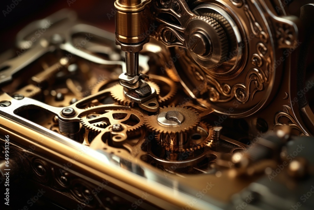 Aufkleber A detailed close-up view of the intricate gears in a clock mechanism. This image captures the inner workings of a clock with precision and clarity. Ideal for illustrating the concept of time, mechanic