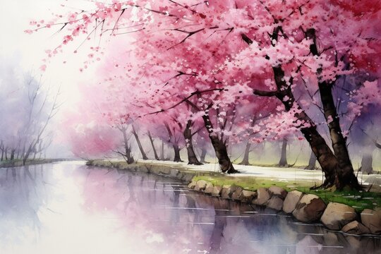 Sakura tree blooming on an embankment, painted in watercolors. Generative AI