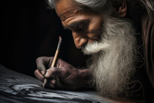 A man with a long white beard is writing on a piece of paper. This image can be used to represent creativity, inspiration, or the act of writing.
