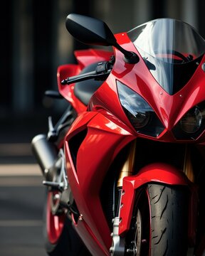 A red motorcycle is parked on the side of the road. This image can be used to illustrate transportation, motorcycles, or travel themes.