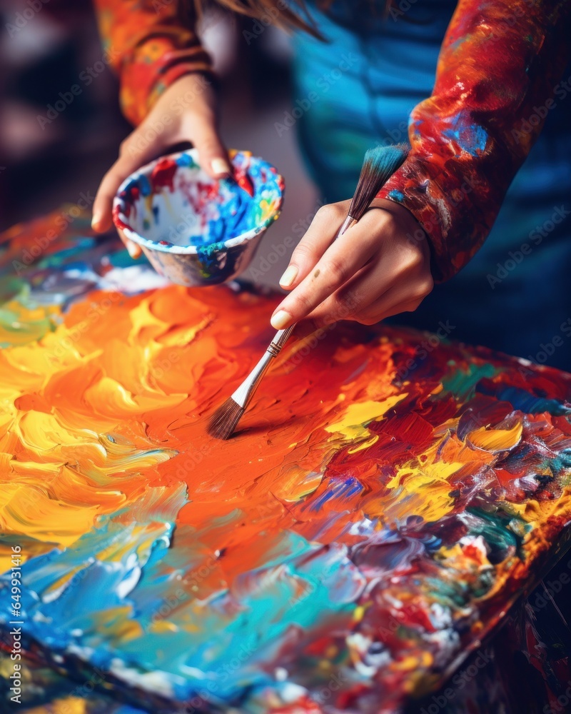 Poster a woman is seen painting on a canvas with a brush. this image can be used to depict creativity, art,