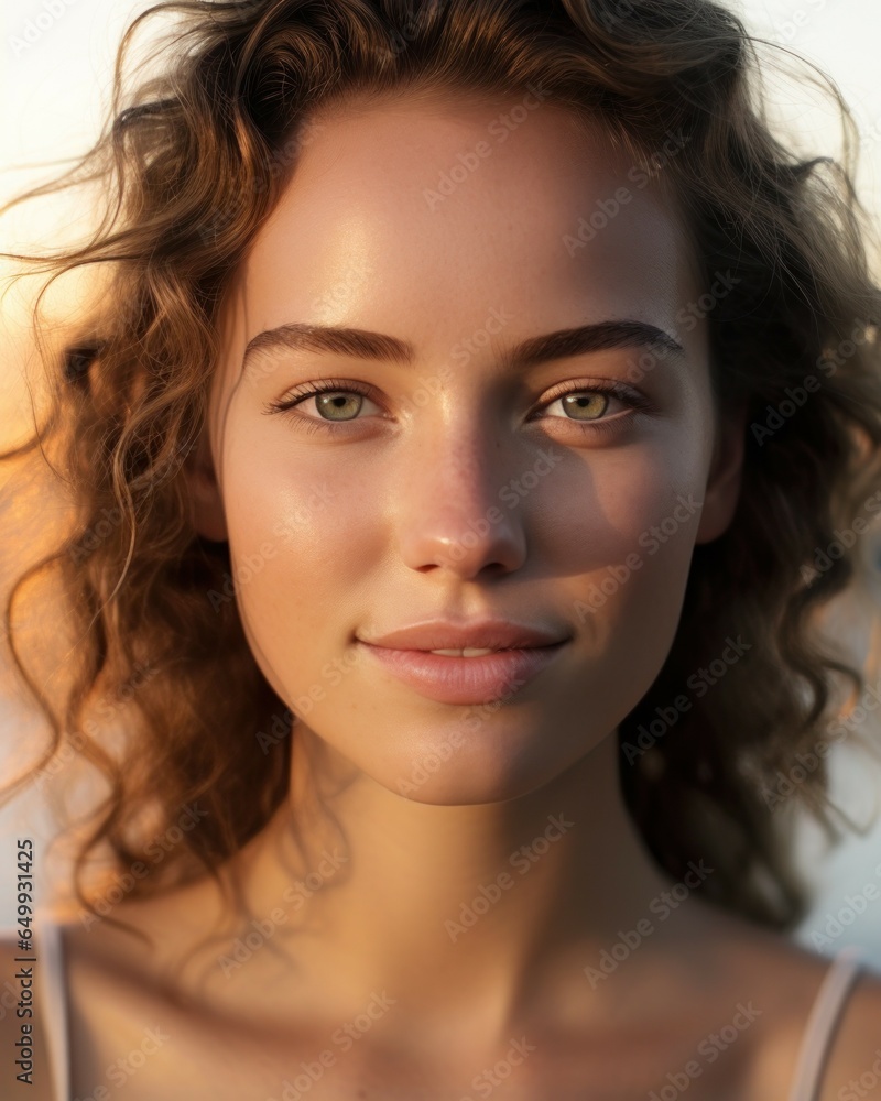 Poster A close up view of a young woman with curly hair. This image can be used to showcase natural beauty or as a portrait for various purposes.