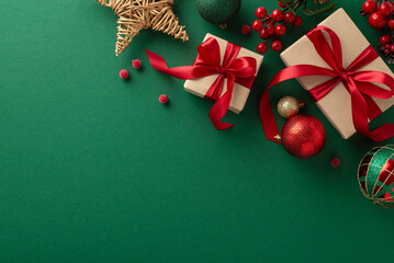 Christmas Celebration Scene: Overhead shot of elegant gift boxes, festive ornaments, a rustic star,...