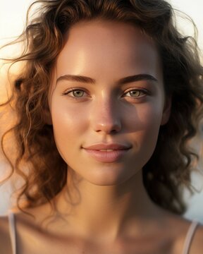 A close up view of a young woman with curly hair. This image can be used to showcase natural beauty or as a portrait for various purposes.