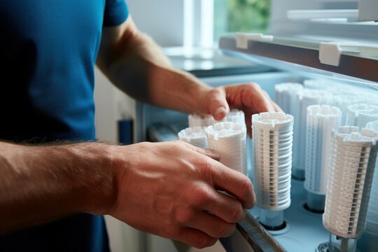 A close-up view of a person putting cups in a refrigerator. This image can be used to showcase organization, kitchen activities, or household chores.