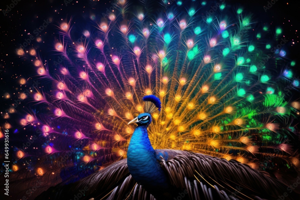 Poster a vibrant peacock displaying its beautiful feathers. perfect for nature-themed designs and vibrant p