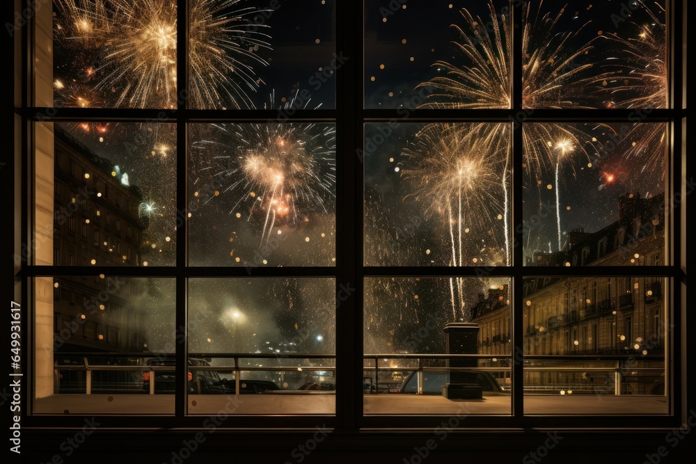 Poster a picture capturing a stunning view of fireworks in the night sky as seen through a window. this ima