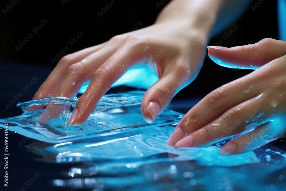 Poster a close-up image of a woman's hands gently touching a piece of ice. this versatile image can be used