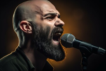 A man with a beard passionately sings into a microphone. Perfect for music performances and live events.