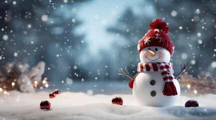 Naklejka na ściany i meble Panoramic view of happy snowman in winter secenery with copy space