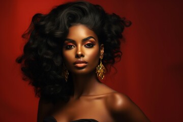 Fototapeta premium A woman with a very large afro strikes a pose for a photo. This image can be used to depict beauty, diversity, fashion, or individuality.