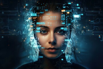 A close-up shot of a woman's face with a digital interface displayed in the background. This image can be used to represent technology, communication, or the future.