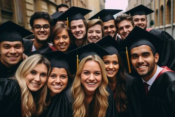 A group of graduates gathered together for a picture. Perfect for capturing the joy and accomplishment of completing an educational journey. Ideal for use in graduation announcements, yearbooks, and e
