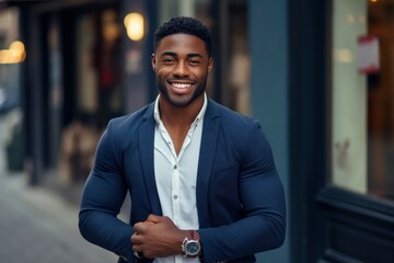 A picture of a man in a blue suit with a friendly smile. Suitable for professional or business-related themes.