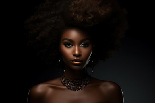 A woman with an afro hairstyle is striking a pose for a photo. This image can be used for various purposes, such as fashion, beauty, diversity, or cultural representation.