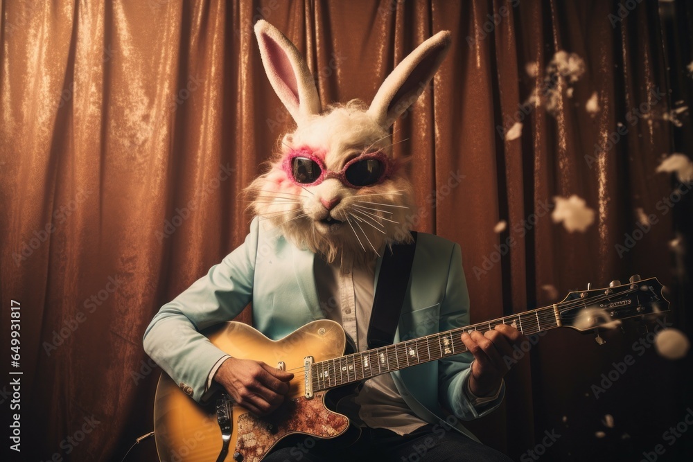 Poster A humorous image of a man dressed in a bunny suit playing a guitar. This picture can add a fun and playful element to any project or design.