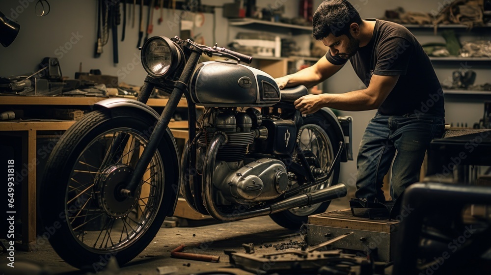 Poster a man is seen working on a motorcycle in a garage. this image can be used to depict a mechanic or so