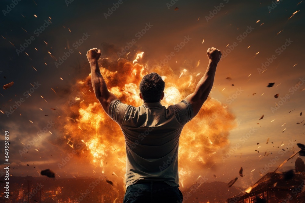 Poster a powerful image of a man standing courageously in front of a massive explosion. this picture captur
