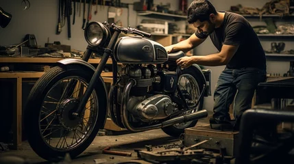 Papier Peint photo Moto A man is seen working on a motorcycle in a garage. This image can be used to depict a mechanic or someone performing maintenance on a motorcycle.
