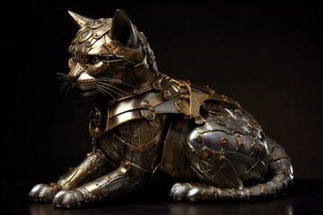 a metallic armored feline. Generative AI