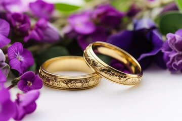 A pair of gold wedding bands resting on purple flowers against a white background. Generative AI