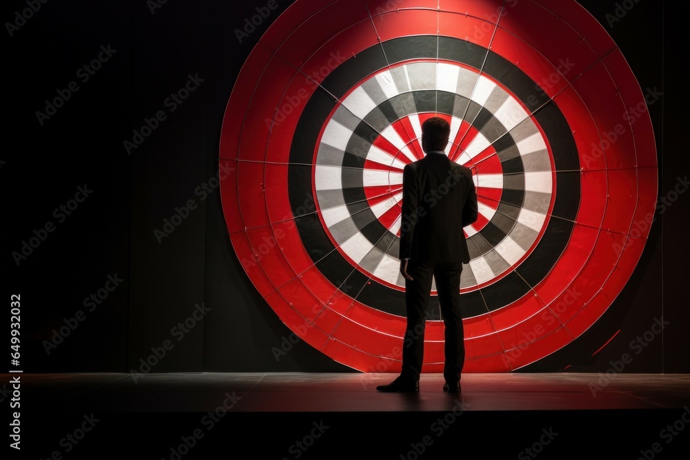 Poster A man standing in front of a red and black target. This image can be used to represent goal setting, achievement, or aiming for success.