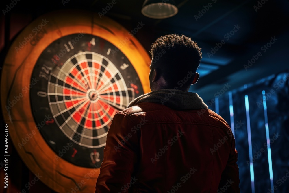 Poster A man stands in front of a dart board. This image can be used to represent competition, accuracy, or aiming for a goal.