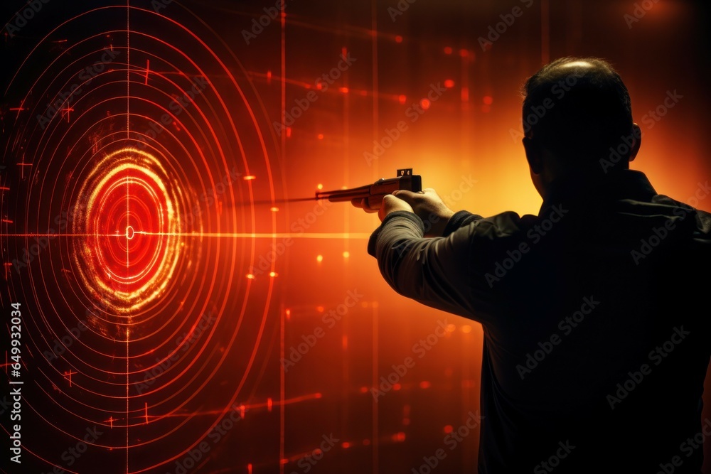 Poster A man is holding a gun in front of a target. This image can be used to depict concepts such as danger, aiming, shooting, or firearms.