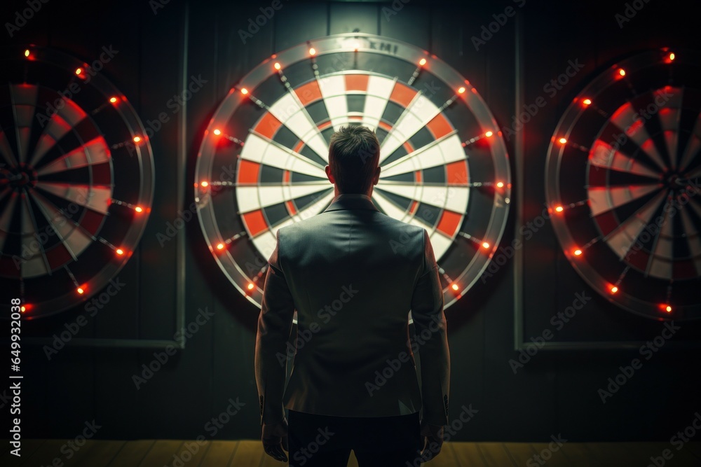 Poster A man stands confidently in front of three darts, ready to take on any challenge. This image can be used to depict determination, competition, and goal-setting.