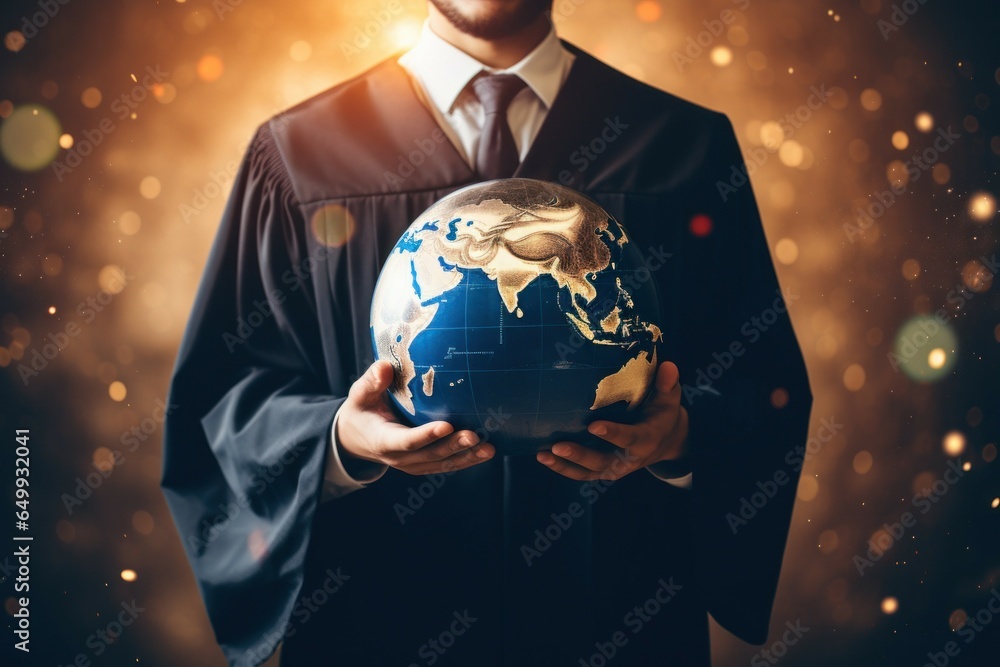Poster a man dressed in a graduation gown holds a globe. this picture can be used to represent educational 