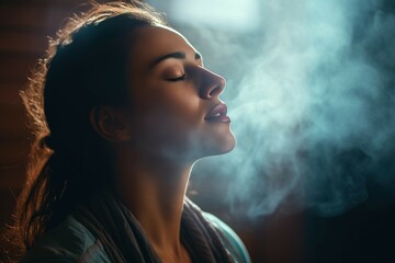 A woman with her eyes closed and smoke coming out of her mouth. This image captures a serene and mysterious moment. It can be used to depict relaxation, meditation, or even addiction and danger. - Powered by Adobe