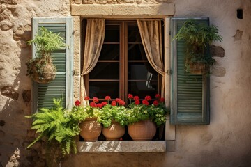Fototapeta na wymiar Window with doors and balcony adorned by three potted plants. Generative AI