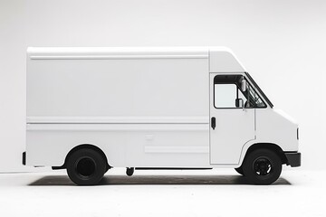 Side view of roomy delivery vehicle against a white backdrop. Generative AI