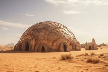 Futuristic dome building in the Sahara desert, filming location of the fourth Star Wars episode. Generative AI - obrazy, fototapety, plakaty