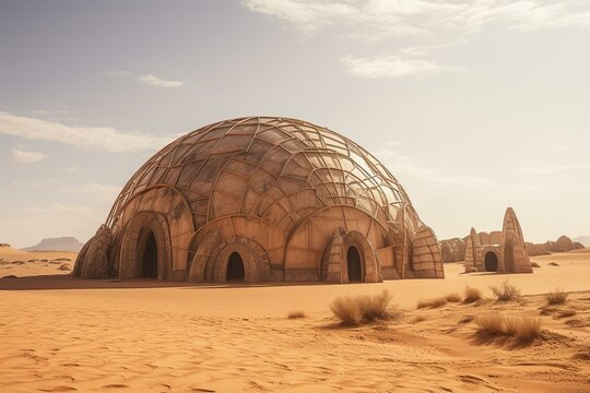 Futuristic dome building in the Sahara desert, filming location of the fourth Star Wars episode. Generative AI
