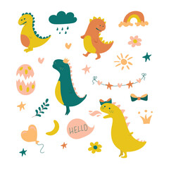 dinosaurs Set of funny. Pink dinosaur. Vector illustration