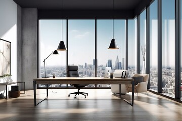 Contemporary workspace with furnishings, large windows, and urban landscape. 3D visualization. Generative AI