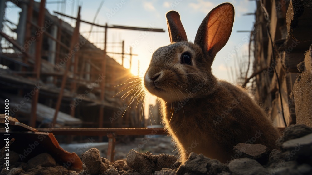 Poster a rabbit is sitting in a pile of rubble in a construction area. generative ai.