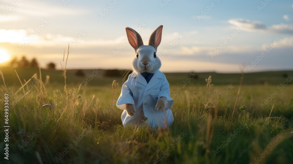 Poster A rabbit in a lab coat sitting in a field. Generative AI.